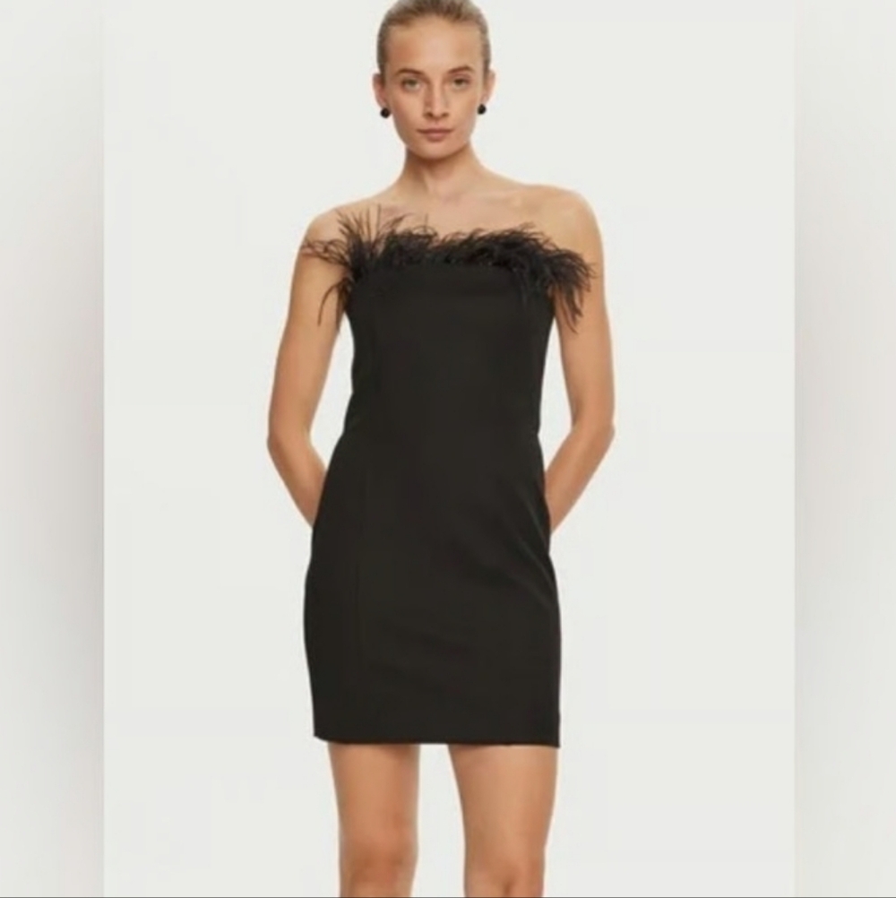 Marella Lira $490 Black Strapless Dress with removable ostrich feathers Size 8